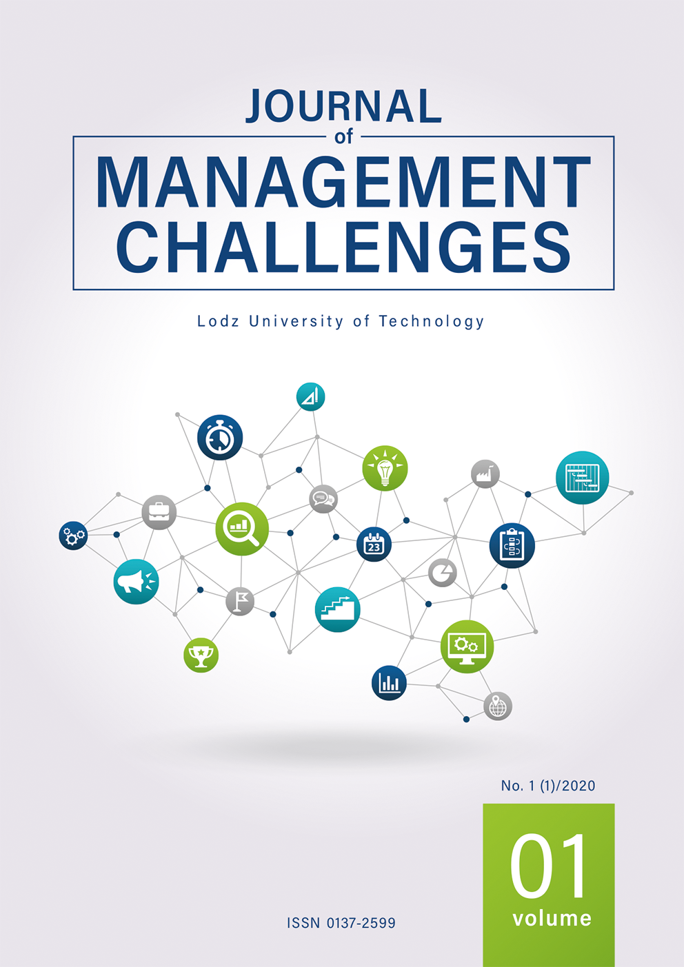 Journal of Management Challenges front cover. Light grey background. Icons of time, calendar, speech, production and other management challenges aggregated in one network in front.